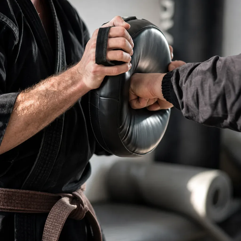 Close-up hand strike on focus mitt during adult self-defense training in El Cajon