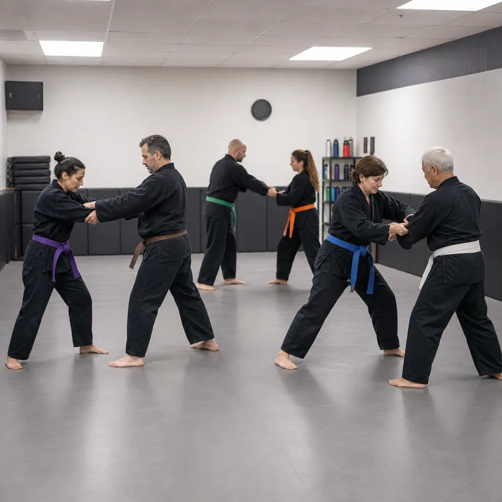 Adult students practicing partner self-defense drills together in El Cajon studio