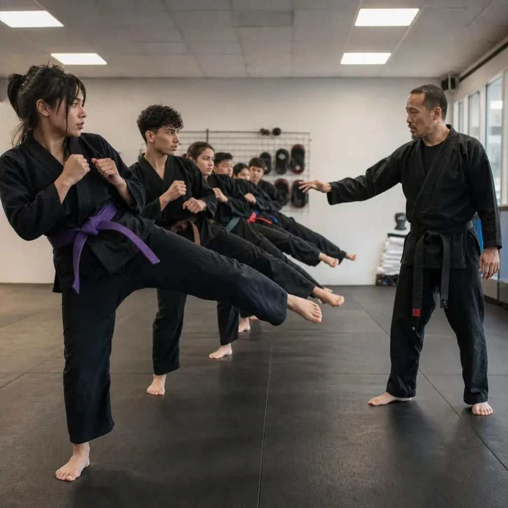Students training in black gis on dojo mats in El Cajon martial arts academy