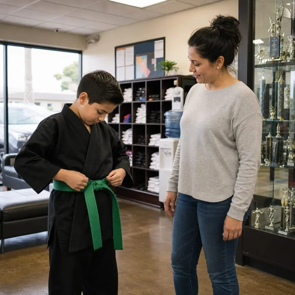 Child in black gi with green belt standing with parent at El Cajon dojo