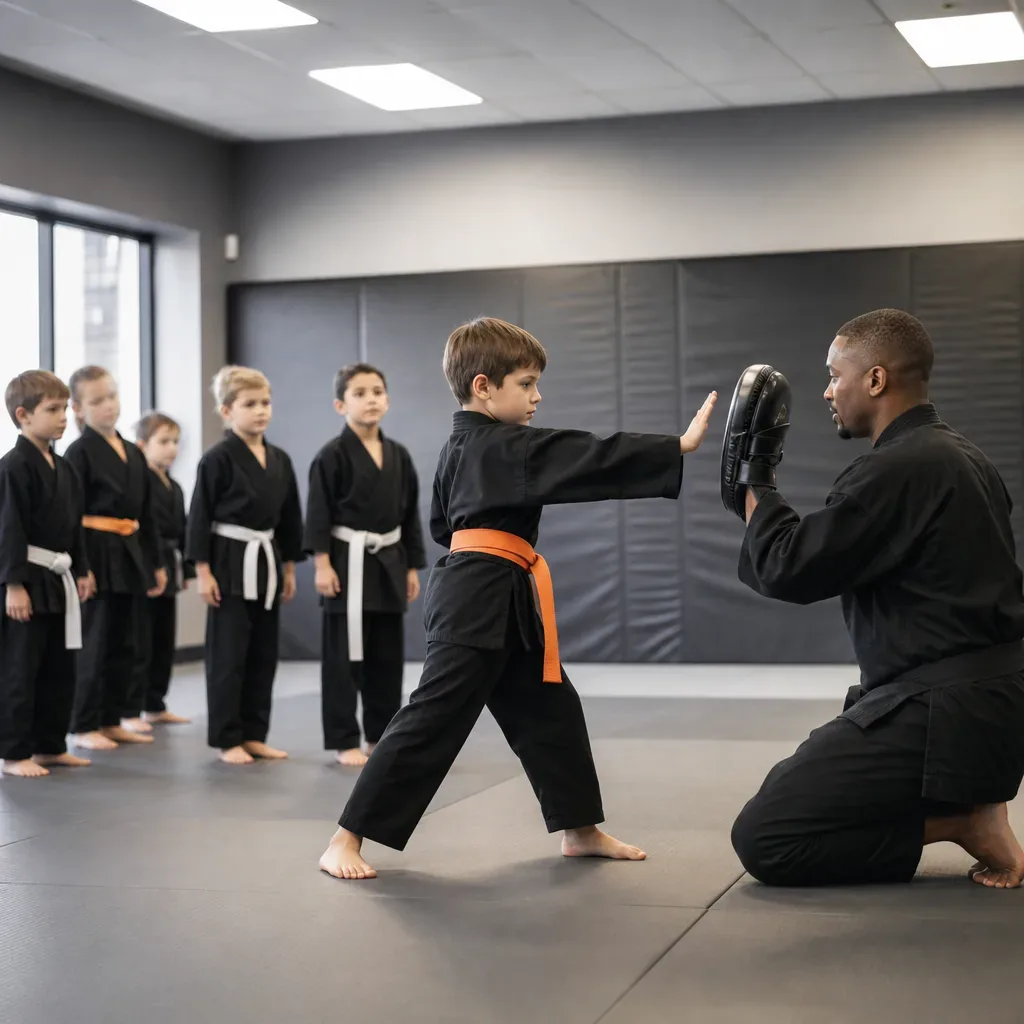 Child practicing self-defense strike with instructor holding focus mitt in El Cajon dojo