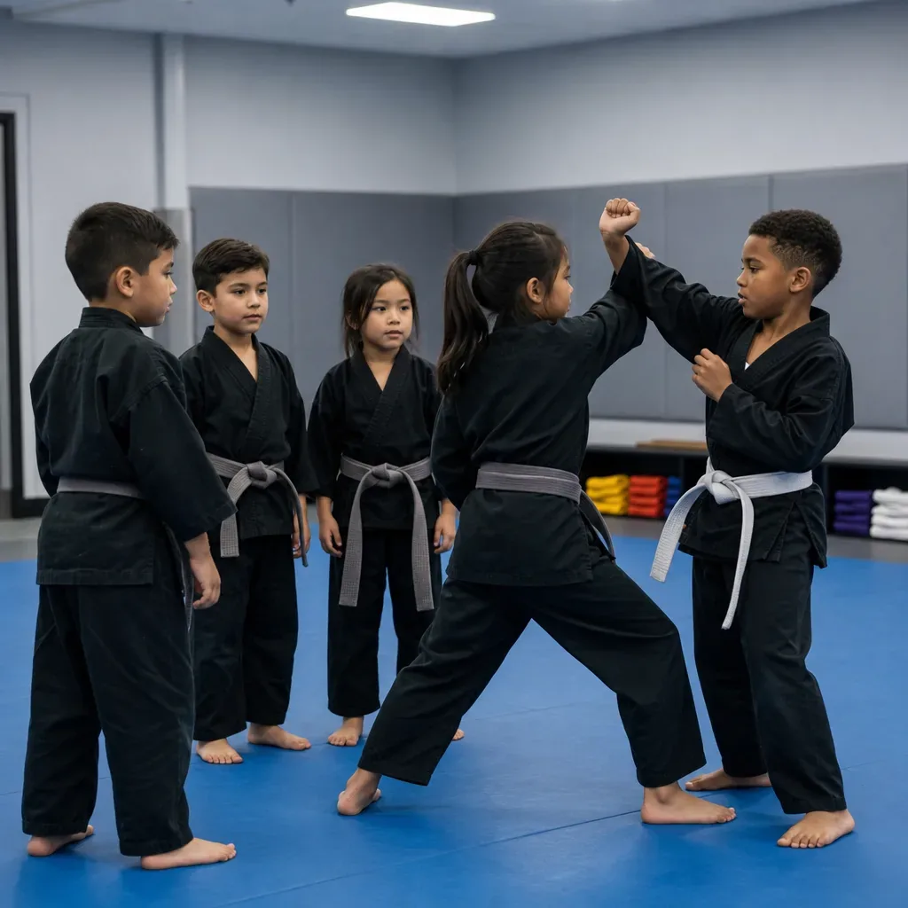 Group of children practicing partner blocking drills in kids self-defense class