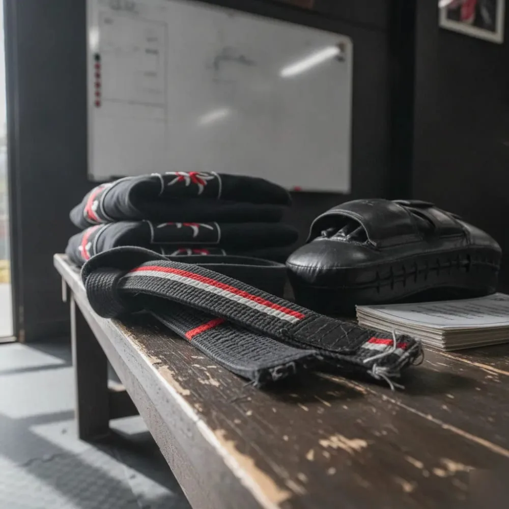 Karate belts, gi uniforms, and training pads on bench at El Cajon martial arts school