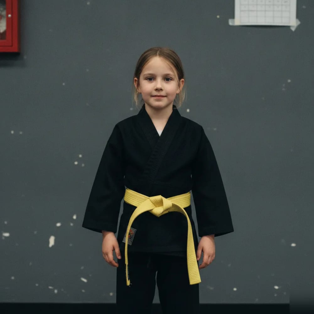 Young student wearing a new yellow belt after a Kosho-Ryu promotion in El Cajon