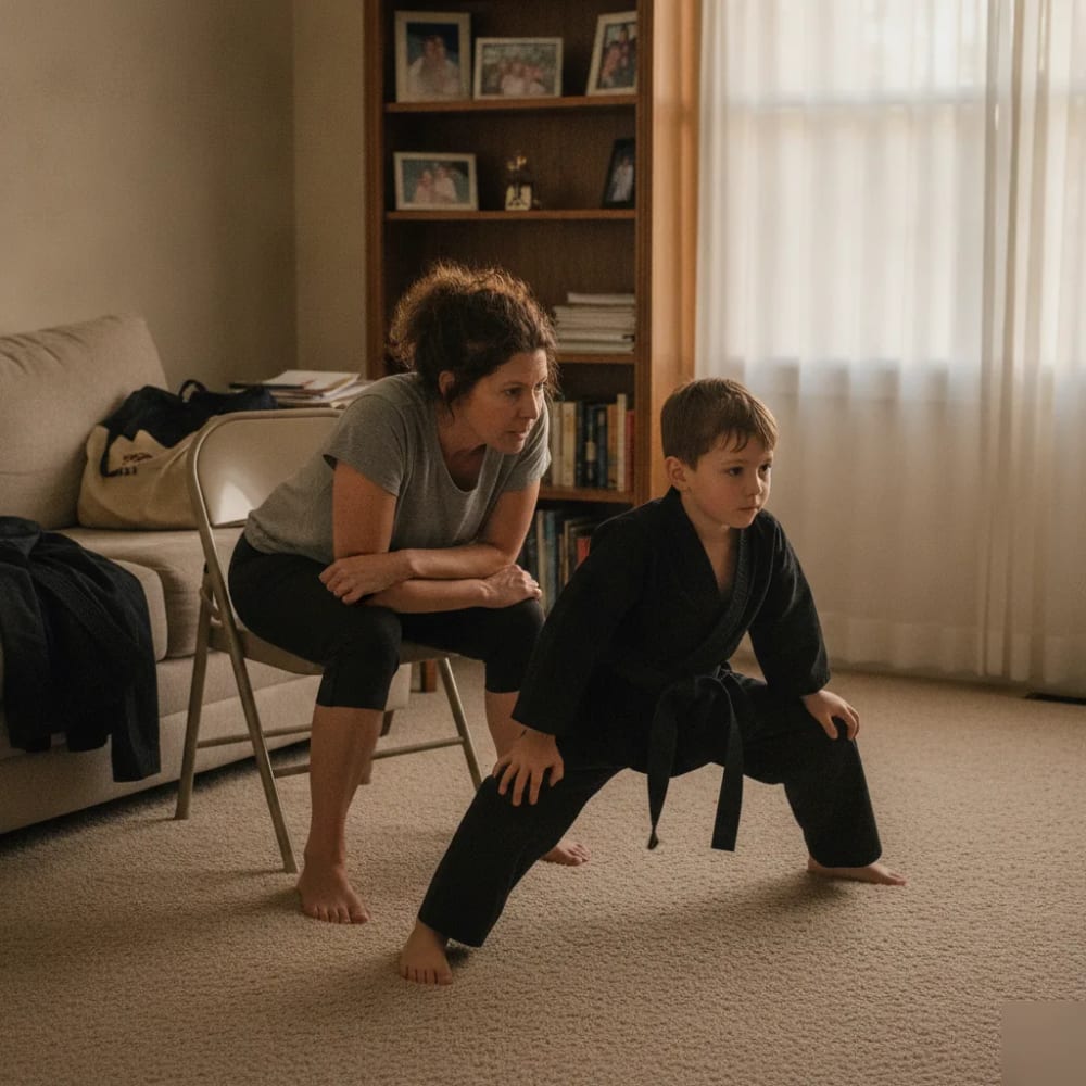 Boy practicing a Kosho-Ryu stance at home while his mother watches, in El Cajon