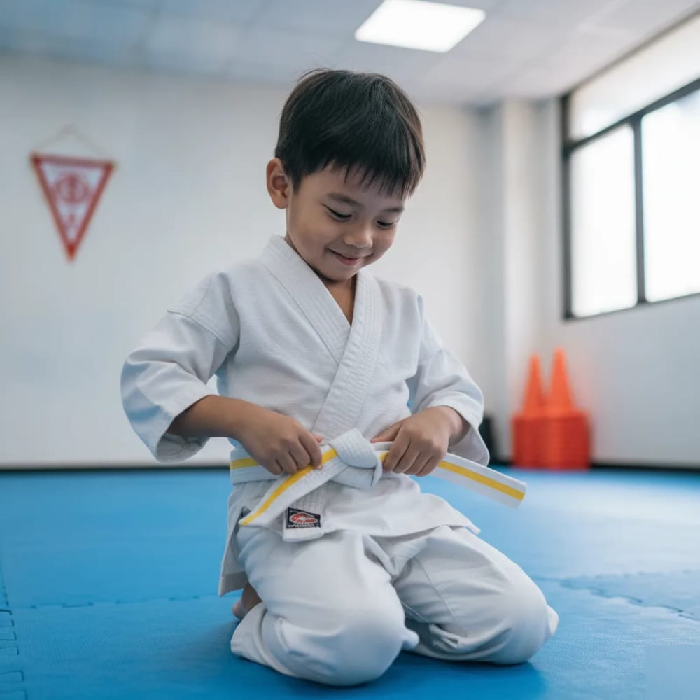 Boy tying his new belt after a milestone in the special needs martial arts program in El Cajon